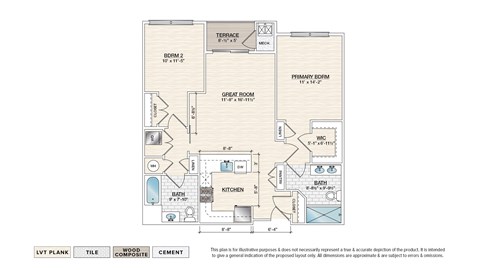 Floor plan for 2 beds, 2 baths, 1095 sqft